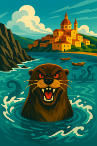 Image of a nasty looking otter in frothy seas near a stylised view of Gozo, Malta