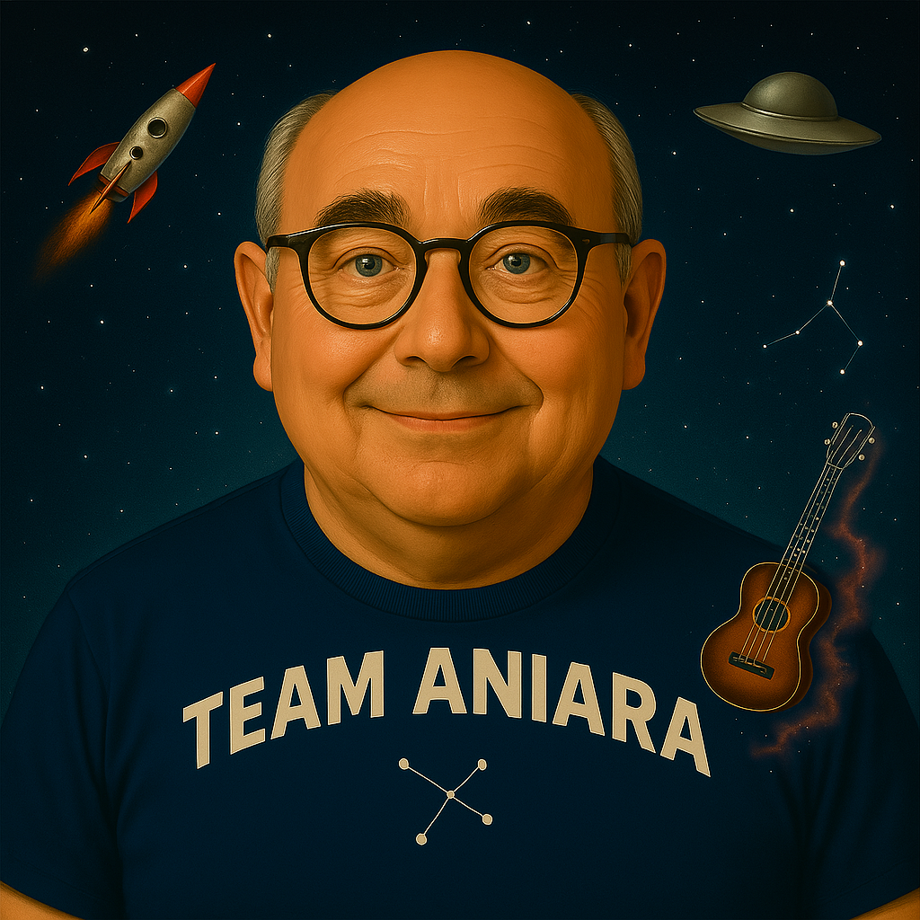 Image of the admin, Gozo, wearing Team Aniara t-shirt with rocket ship and UFO plus ukulele nearby